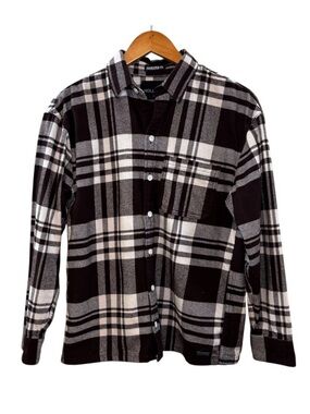 Hollister Oversized Fit Flannel Shirt XS Extra Small Brown White Plaid Button Up